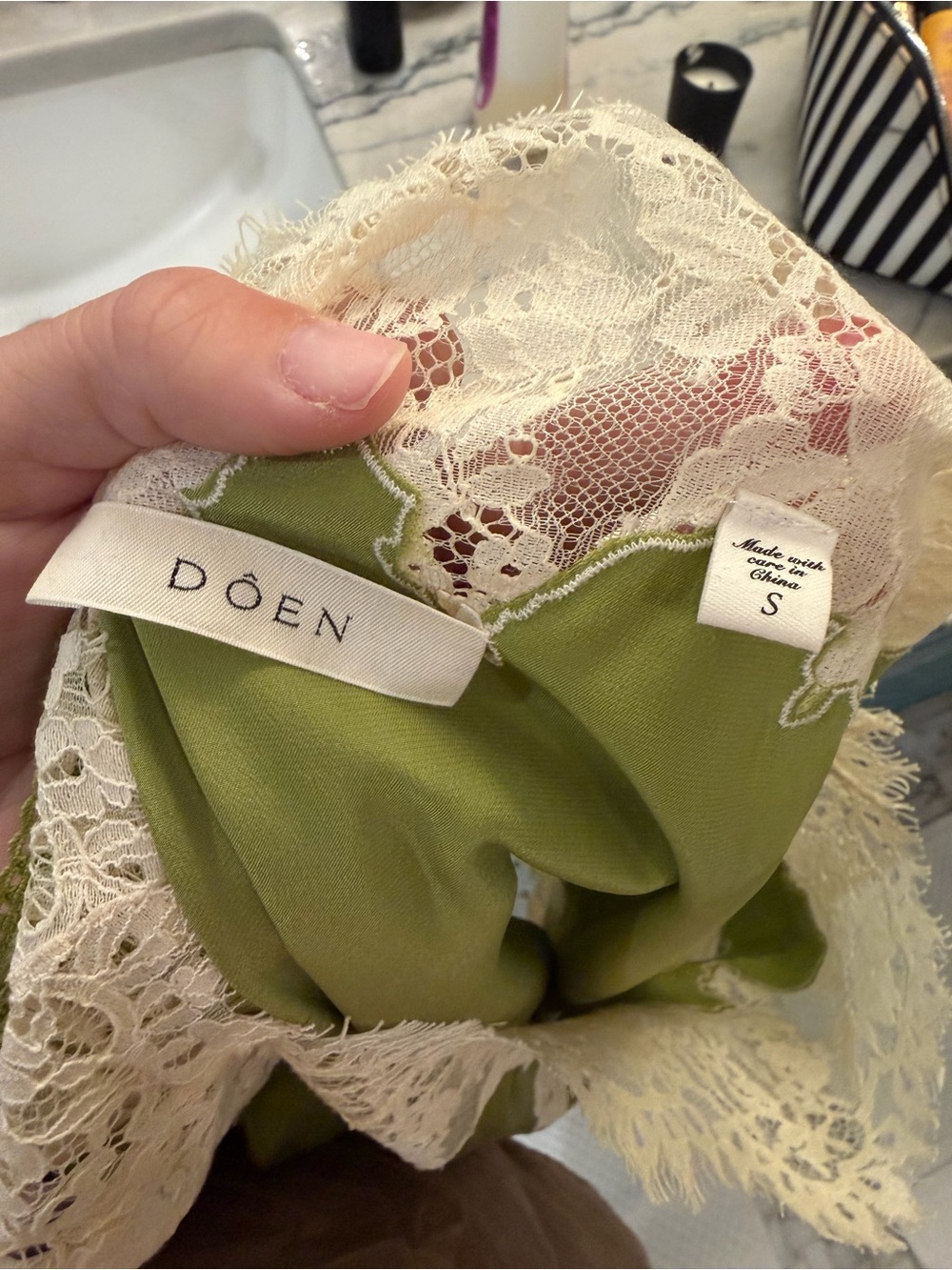 Doen Sage Green Satin Camisole with Lace Trim - Picture 3 of 3